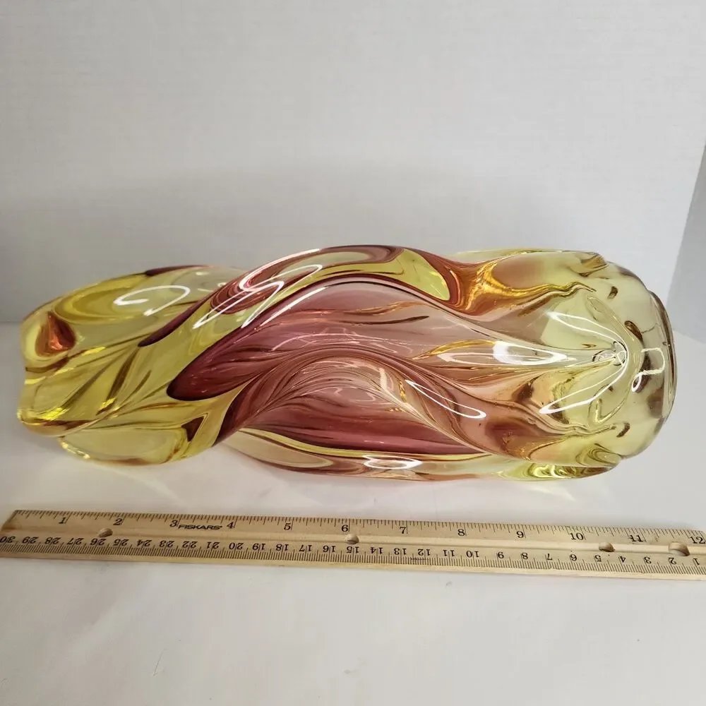 Vintage Hand Made Bohemia Glass Czech Republic Twisted Glass Vase Amber/Pink